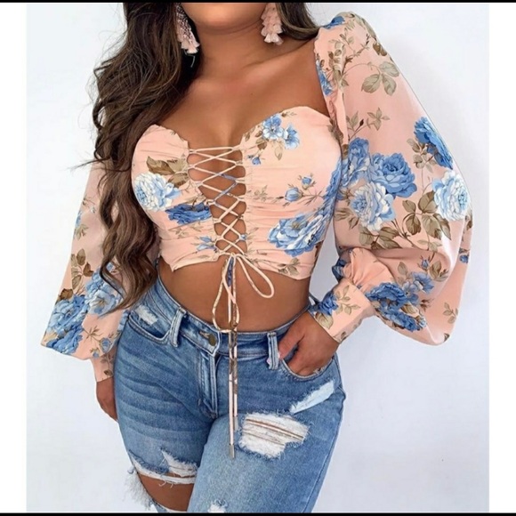 lFloral Lace-up Drawstring Crop Top Size X-Large fits like Large or Medium - Picture 2 of 4